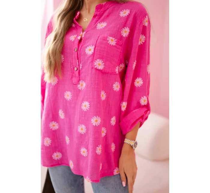 Dámska ľanová blúzka s kvetinovým vzorom, dlhými rukávmi a gombíkmi Ružová
