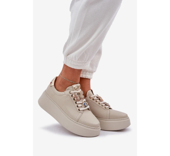 Damskie Skórzane Sneakersy Na Platformie Z Ozdobami CheBello 4292 Jasnobeżowe