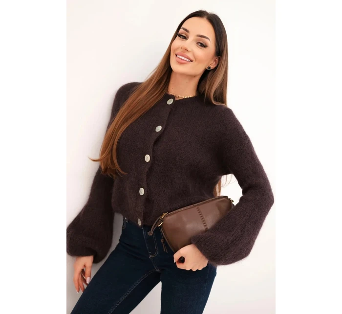 Dámský svetr s mohérem na knoflíky s model 21803185 rukávem hnědý - K-Fashion Dámský svetr s mohérem na knoflíky s model 21803185 rukávem hnědý - K-Fashion