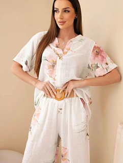 Dámsky bavlnený komplet s krátkym rukávom a širokými nohavicami biely