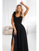 model 21803453 Elegantní večerní maxi šaty s rozparkem a růžemi klasické černé - numoco model 21803453 Elegantní večerní maxi šaty s rozparkem a růžemi klasické černé - numoco