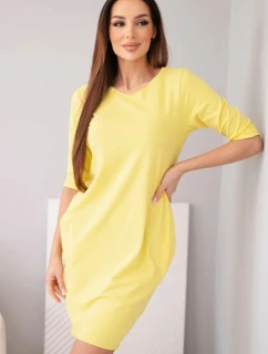 Dámske bavlnené šaty s 3/4 rukávmi a vreckami žlté