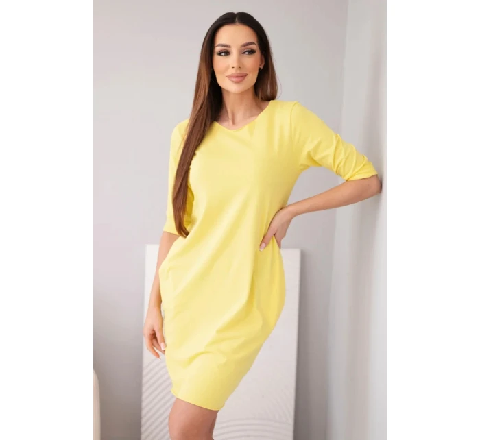 Dámské bavlněné šaty s 3/4 rukávem a kapsami žlutá