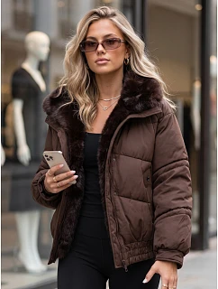Dámska zimná prešívaná bunda s kožušinou, hnedá, FashionStreet TY6006