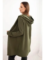 Dámska bavlnená mikina s kapucňou a predĺženou prednou časťou v khaki farbe