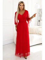 655-5 Dlhé svetlé trblietavé šaty s výstrihom a priehľadnými rukávmi - červené 655-5 Dlhé svetlé trblietavé šaty s výstrihom a priehľadnými rukávmi - červené