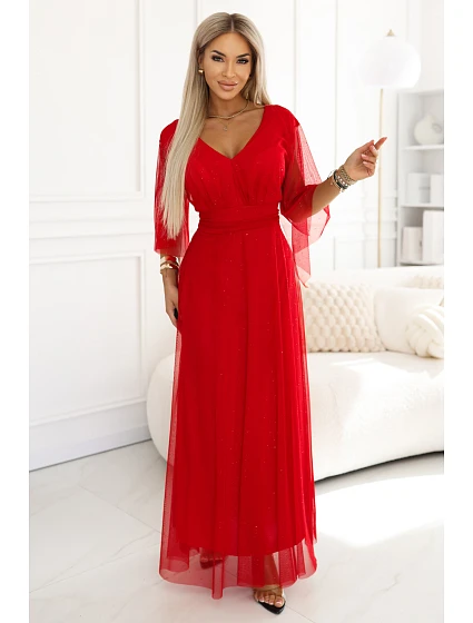 655-5 Dlhé svetlé trblietavé šaty s výstrihom a priehľadnými rukávmi - červené 655-5 Dlhé svetlé trblietavé šaty s výstrihom a priehľadnými rukávmi - červené