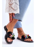 Pantofle s ozdobnými korálky model 21619232 Černé - S.Barski