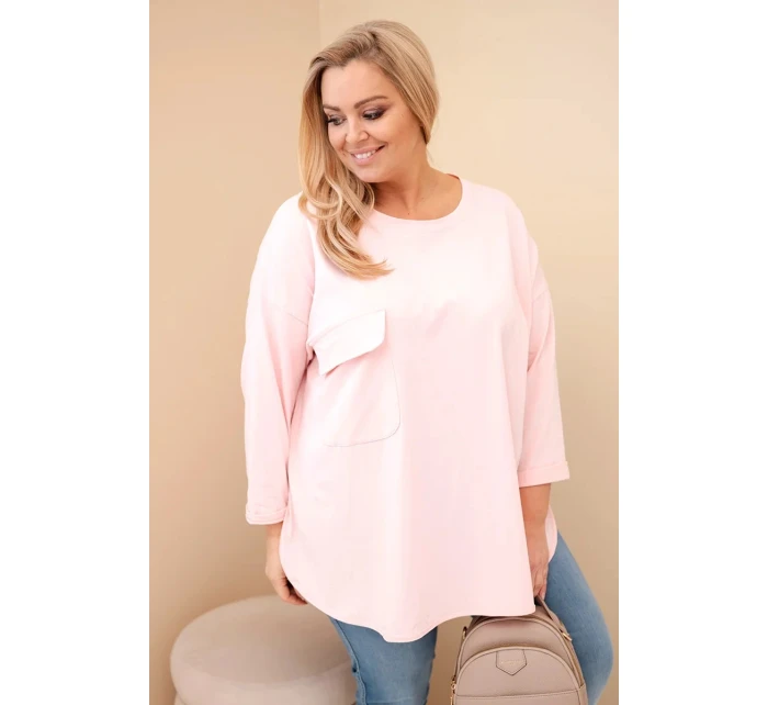 Dámska blúzka v nadmernej veľkosti s bavlnou, vreckom a zvlnenými rukávmi púdrovo ružová
