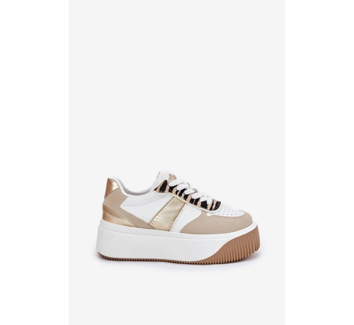 Sneakersy Damskie Na Masywnej Platformie Zwierzęcy Wzór Beżowo-Złote Telanila