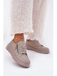 Skórzane Buty Sportowe Sneakersy Na Platformie Z Zamkiem Vinceza 88019 Ciemnobeżowe