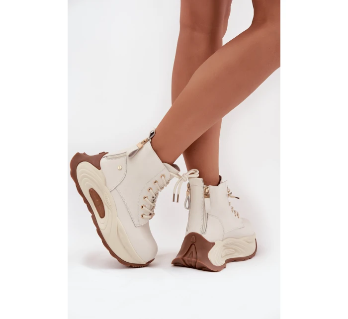 Kožené zateplené dámské kotníčkové boty na platformě model 21711743 světle béžové - Goe