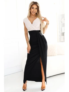 451-3 Trblietavé šaty s krátkymi rukávmi, výstrihom a rozparkom na nohách - čierno-béžové s trblietkami