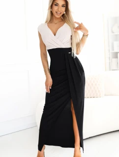 model 21088801 Třpytivé šaty s krátkými rukávy, výstřihem a rozparkem na nohou černé a béžové s třpytkami - numoco