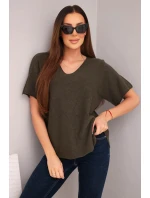 Dámsky sveter s krátkym rukávom a výstrihom do V v khaki farbe