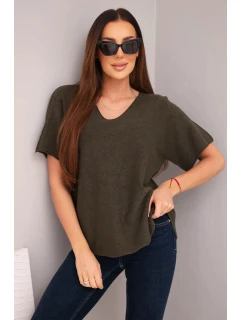 Dámsky sveter s krátkym rukávom a výstrihom do V v khaki farbe