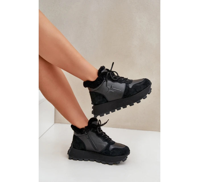 Skórzane Sneakersy Trapery Damskie Z Futerkiem Na Platformie Big Star OO274A329 Czarne Skórzane Sneakersy Trapery Damskie Z Futerkiem Na Platformie Big Star OO274A329 Czarne