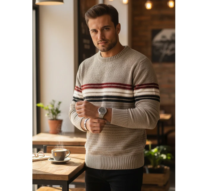 Pánsky pruhovaný sveter svetlohnedý FashionStreet WX2282