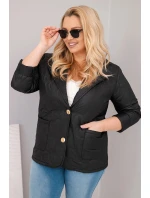 Dámske Plus veľkosť prešívaná bunda s kvetmi s golierom a vreckami čierna