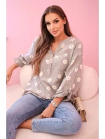 Dámska ľanová blúzka s kvetinovým vzorom, dlhými rukávmi a gombíkmi s kapucňou