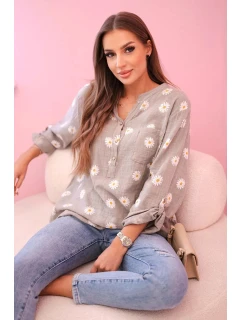 Dámska ľanová blúzka s kvetinovým vzorom, dlhými rukávmi a gombíkmi s kapucňou