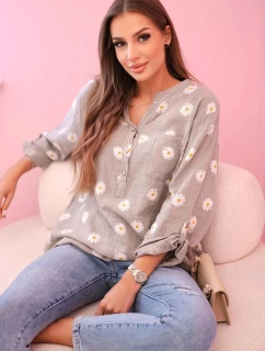 Dámska ľanová blúzka s kvetinovým vzorom, dlhými rukávmi a gombíkmi s kapucňou