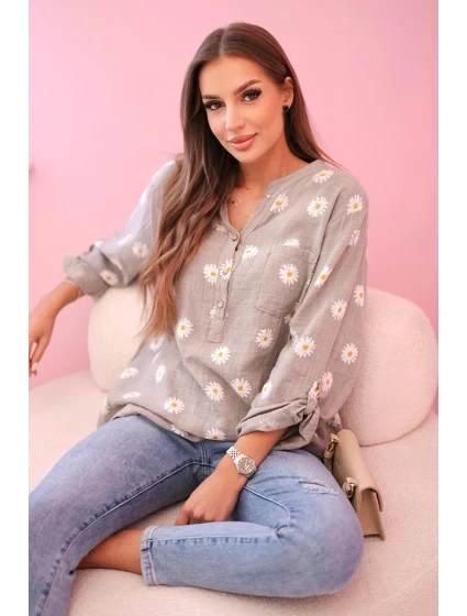 Dámska ľanová blúzka s kvetinovým vzorom, dlhými rukávmi a gombíkmi s kapucňou