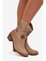 Zamszowe Skórzane Botki Damskie Ażurowe Na Obcasie Zazoo 3844 Beżowe