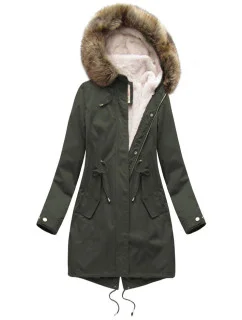 Dámska zimná bunda s fleecovou podšívkou a kapucňou army (7626BIG)