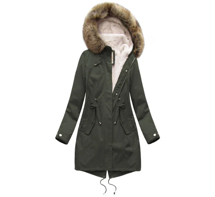 Dámská zimní bunda parka v army barvě s kapucí a odepínací kožešinovou podšívkou model 21242078 - Libland