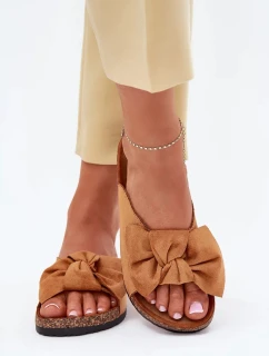 Dámske papuče na korkovej podrážke s mašľou - ťava