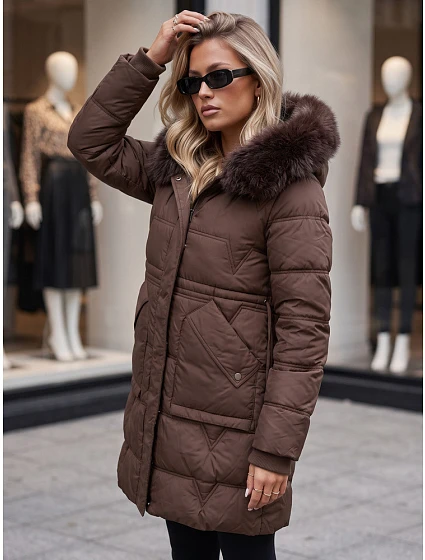 Dámska zimná prešívaná bunda s kapucňou, hnedá, FashionStreet TY5825
