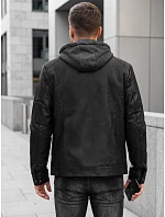 Pánska zateplená bunda z ekokože s kapucňou, čierna, FashionStreet TX5147