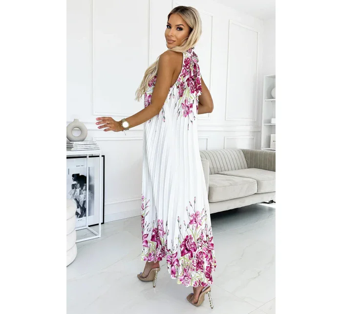 Bílé dámské plisované saténové maxi šaty se vzorem květů model 21883672 - numoco basic
