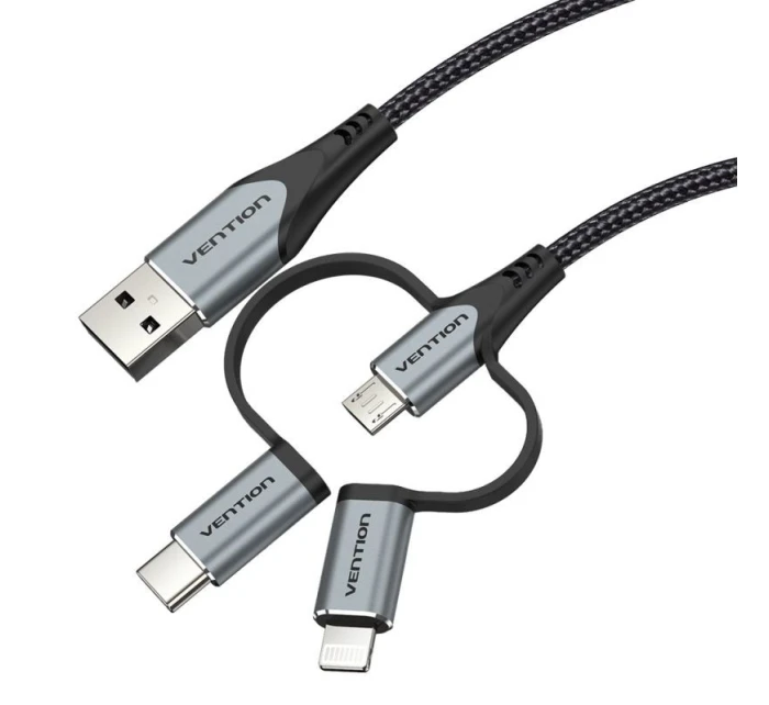 Vention USB-A 3v1 Micro-B USB-C Lightning kábel 1 m sivý
