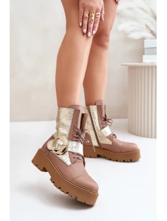 Zazoo 2942 Skórzane Botki Workery Ze Złotą Klamrą Beżowe