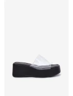 Klapki Damskie Z Transparentnym Paskiem Na Koturnie Czarne Meltiana