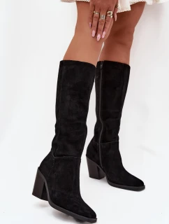 Semišové Kozačky Na Podpatku Se Zipem Černé model 21705064 - Boto