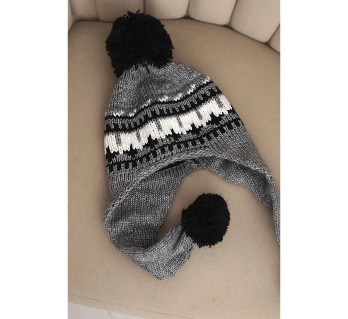 Dámska zimná vlnená čiapka s ušami a bambuľkami K436 tmavosivá