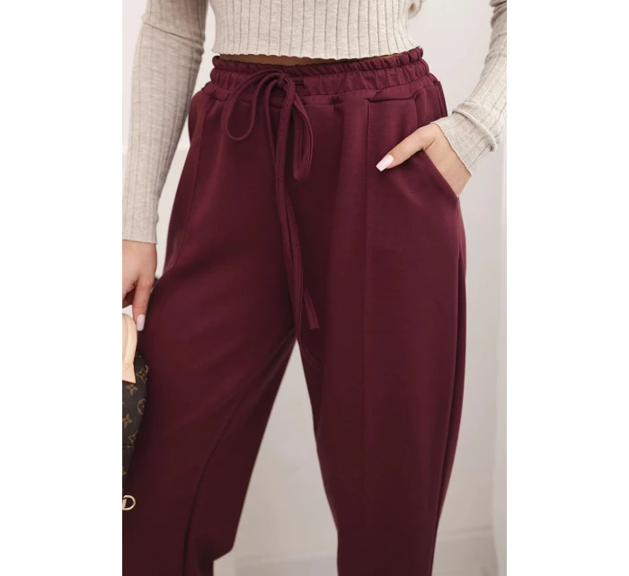 Elegantné nohavice s vysokým pásom a viazaním v páse vo vínovej farbe Elegantné nohavice s vysokým pásom a viazaním v páse vo vínovej farbe