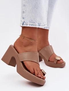 Dámské nazouváky na sloupkovém podpatku se zlatým detailem tmavě béžové model 22037686 - Boto