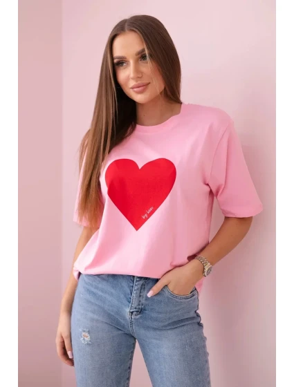 Bavlnená blúzka s potlačou srdca svetlo ružová