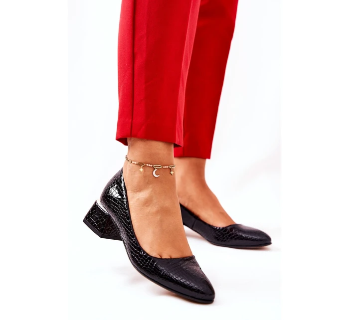 Skórzane Wężowe Czółenka Lewski 3118 Czarne