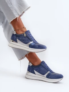 Sneakersy Damskie Na Platformie Z Ażurowym Wzorem I Brokatem INBLU IN000372 Niebieskie