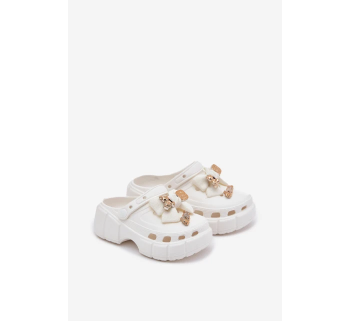 Klapki Dziecięce Dziewczęce Piankowe Z Kokardką I Ozdobami Białe Selvana