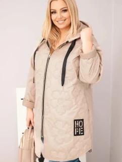 Dámská bunda Plus Size prošívaná s kapucí a nápisem model 21808665 tmavě béžová - K-Fashion