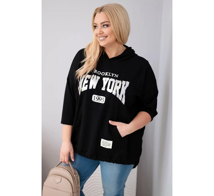 Dámská mikina Plus Size z viskózy s kapucí a klokaní kapsou černá