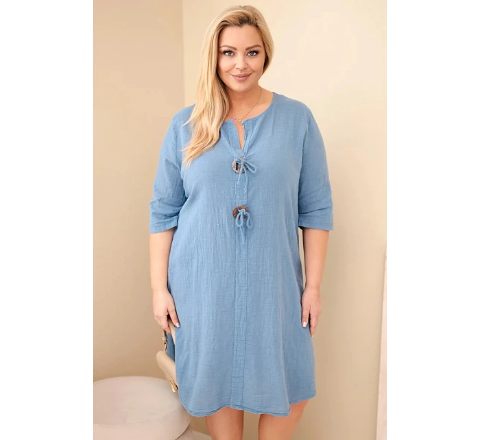 Dámské bavlněné šaty Plus Size s vázáním u výstřihu džínové