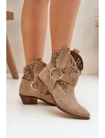 Zamszowe Botki Kowbojki Ażurowe Na Obcasie Zazoo 2994 Beżowe