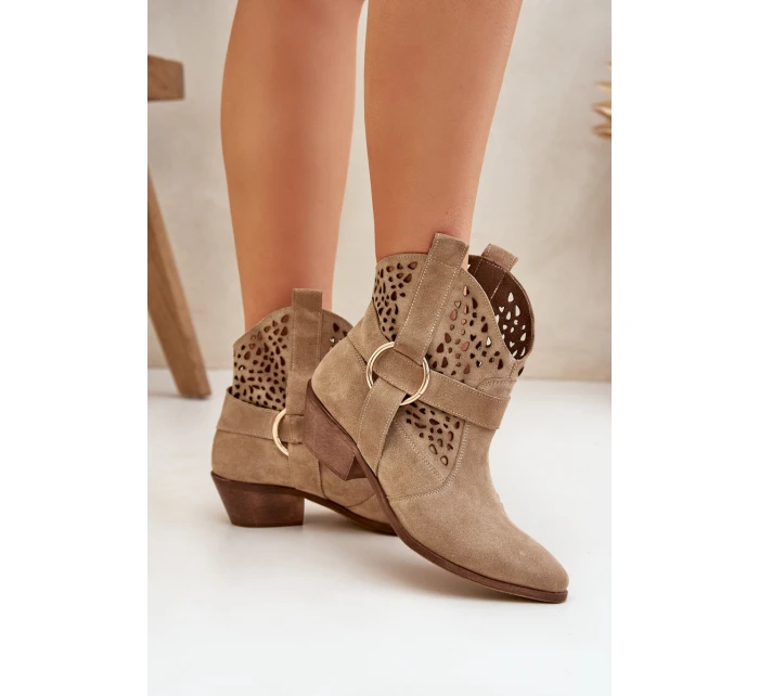Zamszowe Botki Kowbojki Ażurowe Na Obcasie Zazoo 2994 Beżowe